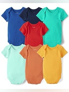 The Children’s Place Pack of 7 Solid Short-Sleeve Baby One-Pieces, multicolor